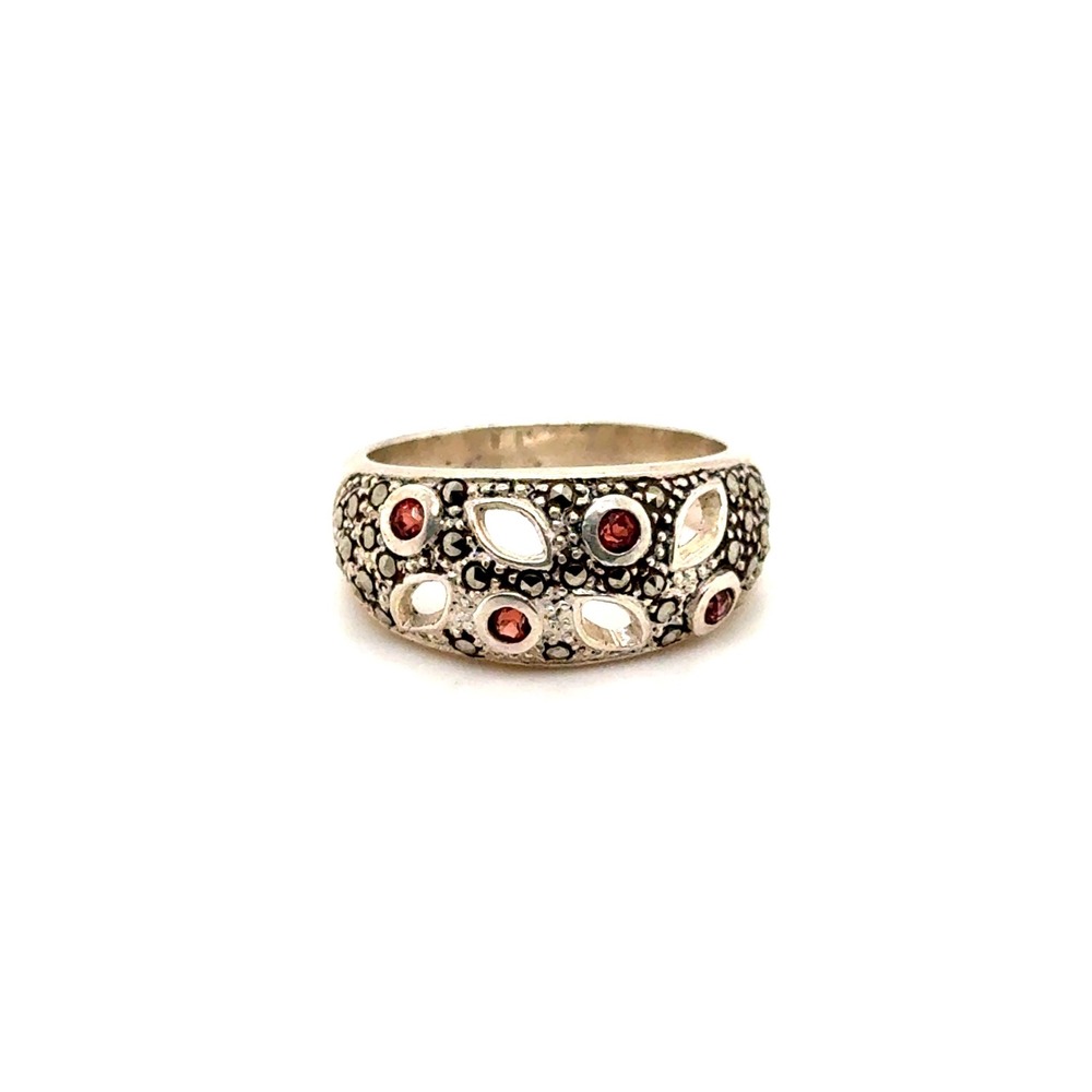 Sterling Silver 925 Red Garnet Marcasite Openwork Band Ring Size 7